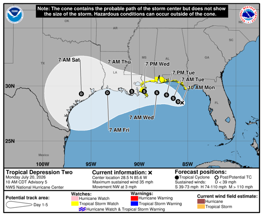Tropical Depression 2 Trajectory Map